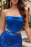 Blue Strapless Bodycon 2 Piece Sequins Corset Homecoming Dress with Fringes