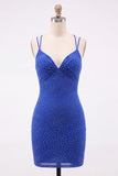 Royal Blue Bodycon Beaded Short Homecoming Dress with Lace Up Back
