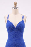 Royal Blue Bodycon Beaded Short Homecoming Dress with Lace Up Back