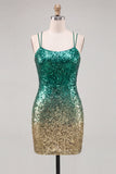Sparkly Green and Gold Sequins Bodycon Short Cocktail Dress with Lace Up Back