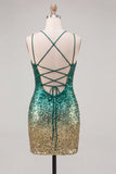 Sparkly Green and Gold Sequins Bodycon Short Cocktail Dress with Lace Up Back