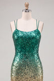 Sparkly Green and Gold Sequins Bodycon Short Cocktail Dress with Lace Up Back