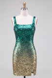 Sparkly Green and Gold Bodycon Square Neck Sequins Cocktail Dress with Slit