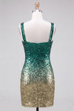 Sparkly Green and Gold Bodycon Square Neck Sequins Cocktail Dress with Slit
