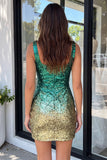 Sparkly Green and Gold Bodycon Square Neck Sequins Cocktail Dress with Slit