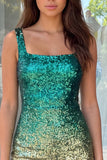 Sparkly Green and Gold Bodycon Square Neck Sequins Cocktail Dress with Slit