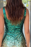 Sparkly Green and Gold Bodycon Square Neck Sequins Cocktail Dress with Slit