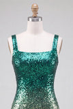 Sparkly Green and Gold Bodycon Square Neck Sequins Cocktail Dress with Slit