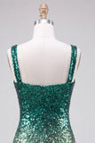 Sparkly Green and Gold Bodycon Square Neck Sequins Cocktail Dress with Slit