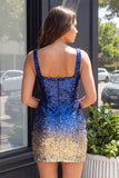 Sparkly Green and Gold Bodycon Square Neck Sequins Cocktail Dress with Slit