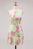Pink and Green Flower Bodycon Spaghetti Straps Cocktail Dress with Embroidery