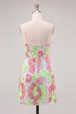 Pink and Green Flower Bodycon Spaghetti Straps Cocktail Dress with Embroidery