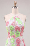 Pink and Green Flower Bodycon Spaghetti Straps Cocktail Dress with Embroidery