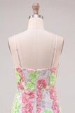 Pink and Green Flower Bodycon Spaghetti Straps Cocktail Dress with Embroidery