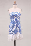 Strapless Blue Bodycon Sequins Short Cocktail Dress with Ruffles