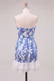 Strapless Blue Bodycon Sequins Short Cocktail Dress with Ruffles