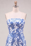 Strapless Blue Bodycon Sequins Short Cocktail Dress with Ruffles