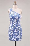 Bodycon One Shoulder Blue Sequins Short Homecoming Dress