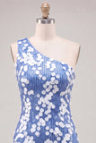 Bodycon One Shoulder Blue Sequins Short Homecoming Dress