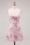 Strapless Pink A-Line Floral Sequins Short Cocktail Dress