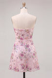 Strapless Pink A-Line Floral Sequins Short Cocktail Dress
