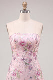 Strapless Pink A-Line Floral Sequins Short Cocktail Dress