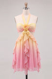 Yellow and Pink A-Line Chiffon Ruffled Halter Neck Cocktail Dress with 3D Flower