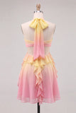Yellow and Pink A-Line Chiffon Ruffled Halter Neck Cocktail Dress with 3D Flower