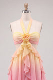 Yellow and Pink A-Line Chiffon Ruffled Halter Neck Cocktail Dress with 3D Flower