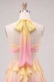 Yellow and Pink A-Line Chiffon Ruffled Halter Neck Cocktail Dress with 3D Flower