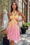Yellow and Pink A-Line Chiffon Ruffled Halter Neck Cocktail Dress with 3D Flower