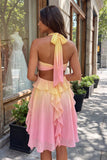 Yellow and Pink A-Line Chiffon Ruffled Halter Neck Cocktail Dress with 3D Flower