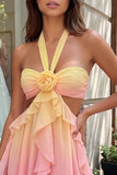 Yellow and Pink A-Line Chiffon Ruffled Halter Neck Cocktail Dress with 3D Flower