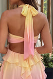 Yellow and Pink A-Line Chiffon Ruffled Halter Neck Cocktail Dress with 3D Flower