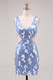 Blue Sequins V-Neck Tight Cut Out Cocktail Dress