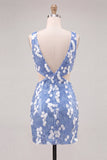 Blue Sequins V-Neck Tight Cut Out Cocktail Dress