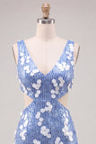 Blue Sequins V-Neck Tight Cut Out Cocktail Dress