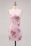 Pink Bodycon Strapless Floral Sequins Cocktail  Dress