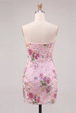 Pink Bodycon Strapless Floral Sequins Cocktail  Dress