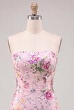 Pink Bodycon Strapless Floral Sequins Cocktail  Dress