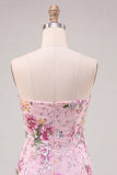 Pink Bodycon Strapless Floral Sequins Cocktail  Dress