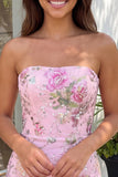 Pink Bodycon Strapless Floral Sequins Cocktail  Dress