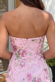 Pink Bodycon Strapless Floral Sequins Cocktail  Dress