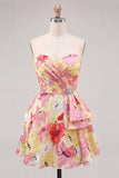 Pink A-Line Sweetheart Floral Ruched Beaded Cocktail Dress