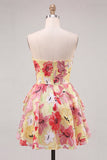 Pink A-Line Sweetheart Floral Ruched Beaded Cocktail Dress
