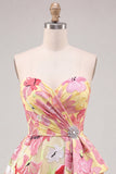 Pink A-Line Sweetheart Floral Ruched Beaded Cocktail Dress