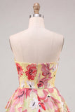 Pink A-Line Sweetheart Floral Ruched Beaded Cocktail Dress