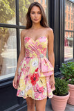 Pink A-Line Sweetheart Floral Ruched Beaded Cocktail Dress