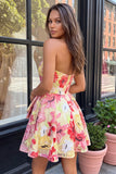 Pink A-Line Sweetheart Floral Ruched Beaded Cocktail Dress
