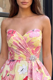 Pink A-Line Sweetheart Floral Ruched Beaded Cocktail Dress